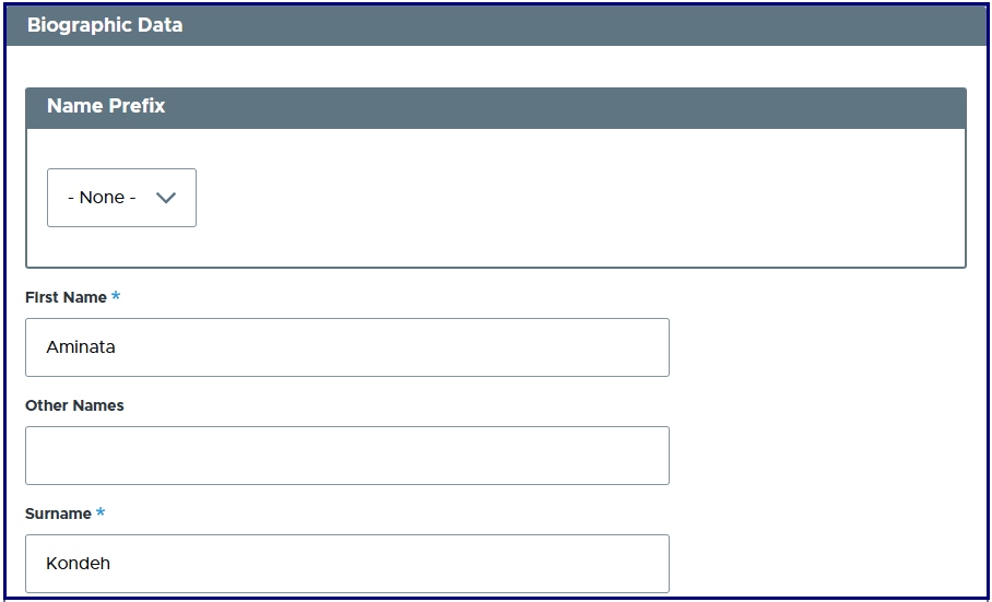 Name section of the fomr